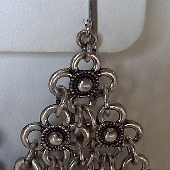 Vintage Flower Link Diamond Shaped Dangle Mesh Clip On Earrings Statement 4" - Picture 2 of 7